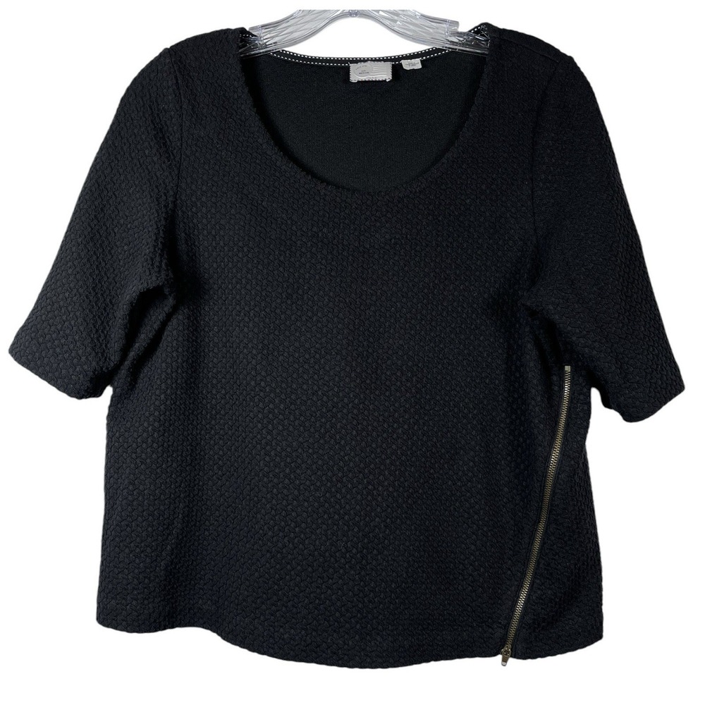 Anthropologie POSTMARK Sz M Crop Top Black Waffle Texture Zipper Trim 9-H15 STCL